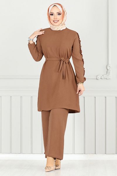 ModaMerve Aerobin Suit with Ruffled Sleeves 6015Uz1029-M Tan