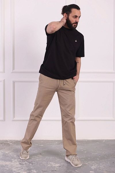 Tam12den Home Men's Cotton Linen Relaxed Cut Anti-Sweat Fabric Lace-Up Trousers Khaki