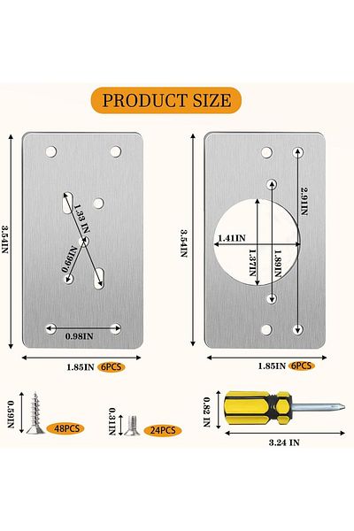 BOEM Set de 12 plăci de reparare a balamalelor/72 șuruburi, Kit complet pentru închidere silențioasă, Oțel inoxidabil, 9x5 cm, Argintiu