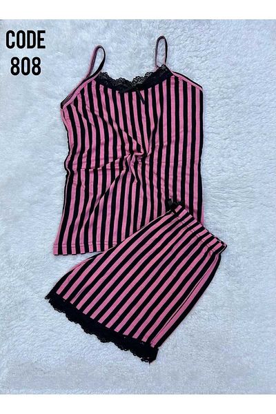 XORVİO Women's Rope Strap Shorts Lace Detailed Nightgown Patterned Soft Summer Modal Pink Pajama Set