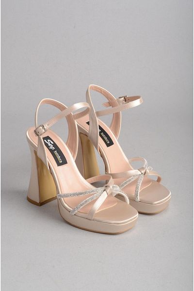 SEÇ KUNDURA SEÇ 8158 PANTOF DE ROCHIE DE SEARĂ CU PLATFORMĂ DE PIATRĂ (Toc: 12 cm Platformă: 2,5 cm) SATIN NUD