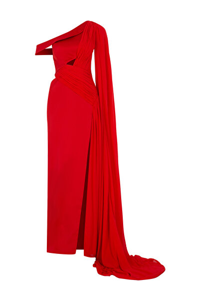 cercis Tek Omuz Drapeli Pelerinli Uzun Abiye Elbise