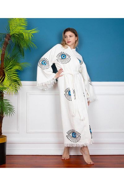 LaraLisa Collection Eye Figure Pattern Printed Muslin Kaftan Kimono Peshtemal Bathrobe (Size 120 cm)