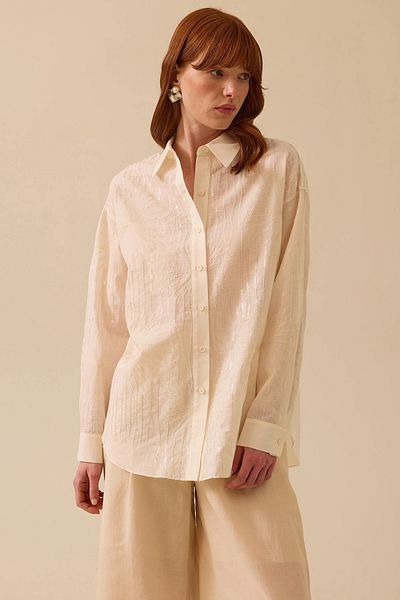 SEÇİL Seçil Women's Embroidered Sequin Detailed Buttoned Shirt 0025 Cream