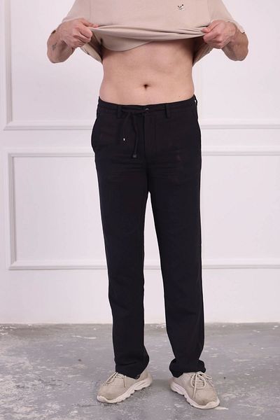 Tam12den Home Men's Cotton Linen Relaxed Cut Anti-Sweat Fabric Lace-Up Trousers Black