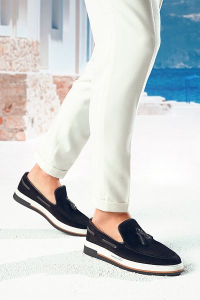 Derimod Bărbați din piele intoarsa neagră 100% piele, pantofi casual Penny Loafer din piele naturală, pantofi casual, pantofi de zi cu zi