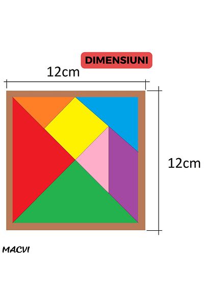 MACVI Puzzle din Lemn Tangram Macvi®, 8 Elemente, Multicolor