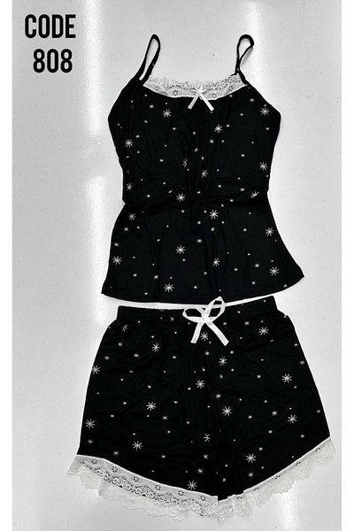 XORVİO Women's Rope Strap Shorts Lace Detailed Nightgown Black Pollen Patterned Soft Summer Pajama Set