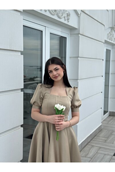 essolaria MİRA Kadın Bej Dikiş Detaylı Modern Elbise/Abiye