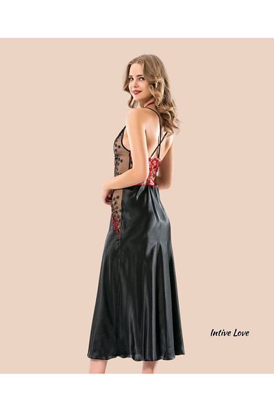 İntive Lingerie Moongirl Deep V Χαμηλό Κόκκινο Μοτίβο Σατέν Λατινικό Νυχτικό Σετ με μανίκια