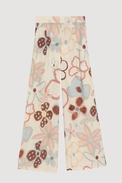 Quzu Colorful Floral Patterned Wide Linen Trousers Natural