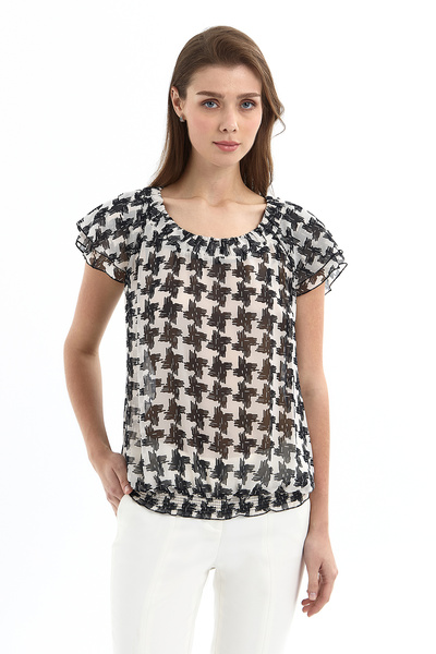 Ground Pepper Kolu Fırfırlı Siyah Desenli Şifon Bluz