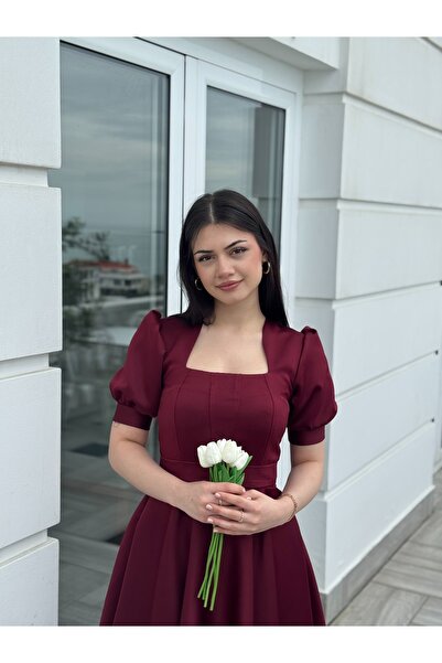 essolaria MİRA Kadın Bordo Dikiş Detaylı Modern Elbise/Abiye