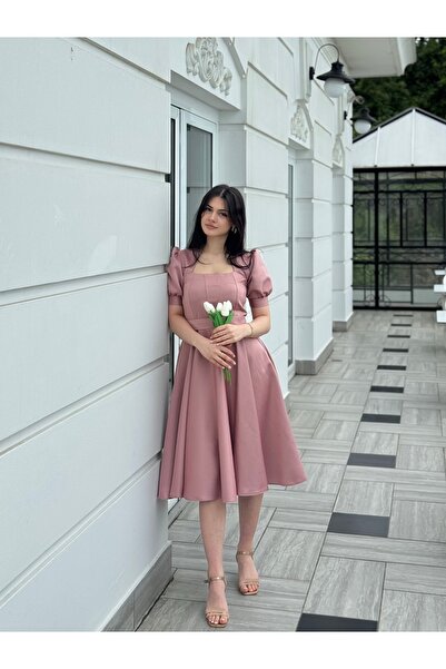 essolaria MİRA Kadın Gül Kurusu Dikiş Detaylı Modern Elbise/Abiye