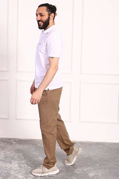 Tam12den Home Men's Cotton Linen Relaxed Cut Anti-Sweat Fabric Lace-Up Trousers Brown