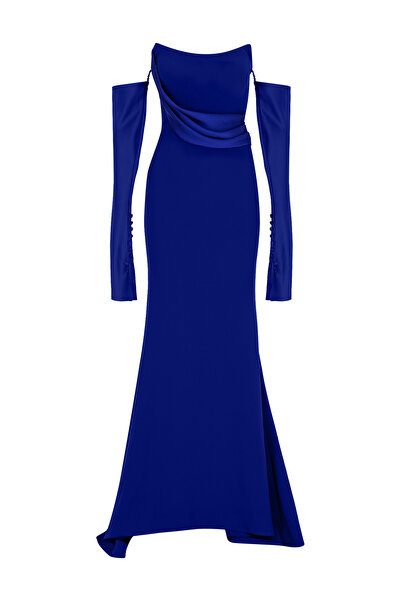 cercis Straplez Drapeli Eldiven Detaylı Uzun Abiye Elbise