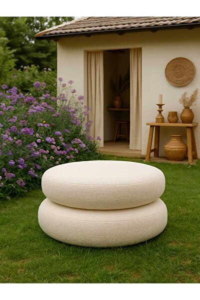 schane home Yuvarlak BEYAZ&BEYAZ YerMinderi 55 cm FERMUARLI Konforlu Oturum Yumuşak Kumaş İÇ VE DIŞ KULLANIM