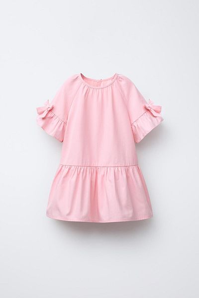 Magu Girl's Cotton Pink Bow Flounce Sleeve Dress - Casual Summer Model
