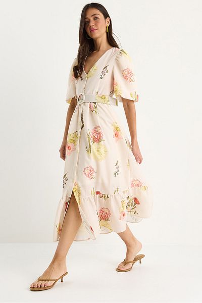 Bianco Lucci Rochie de damă cu decolteu în V, cu mâneci pepene verde, cu curea, cu model floral, căptușită din viscoză, din in 3040 60283363