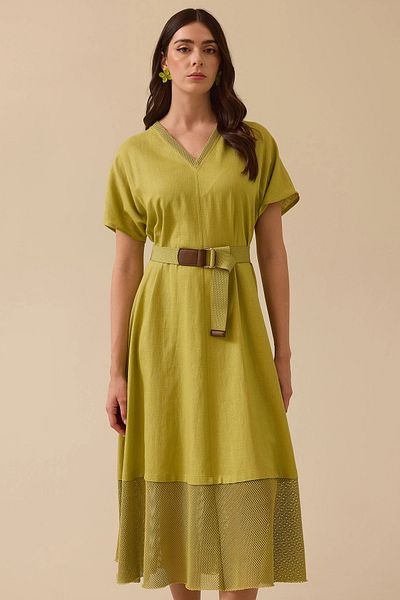 SEÇİL Seçil Women's Belted Mesh Detailed V-Neck Dress 0037 Green