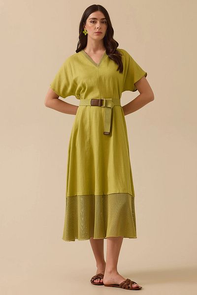 SEÇİL Seçil Women's Belted Mesh Detailed V-Neck Dress 0037 Green