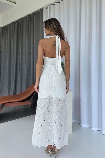 Mine Tan Butik Φόρεμα με κέντημα από ύφασμα Halter - Λευκό