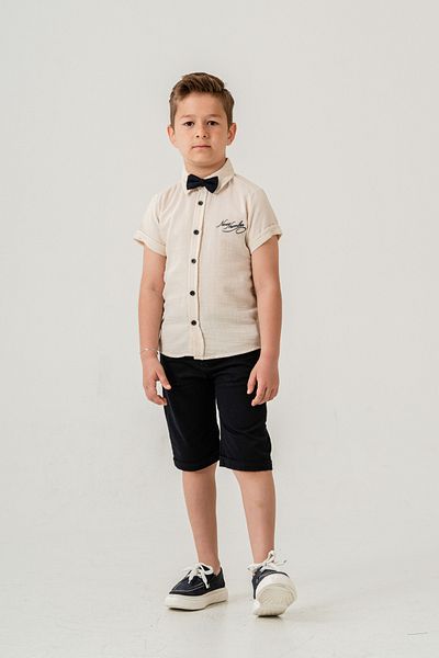 Esterella Boy's Muslin Suit / Short Sleeve Shirt Collar Bow Tie Suit / Muslin Shirt - Shorts Suit
