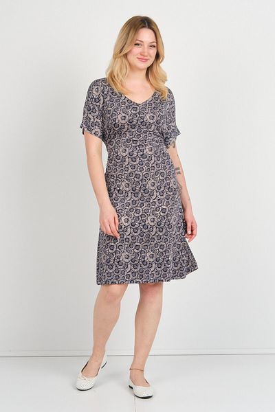 ELLA CAMELIA Women's Patterned Waist Tied Double Sleeve Dress 23E128 Navy Blue