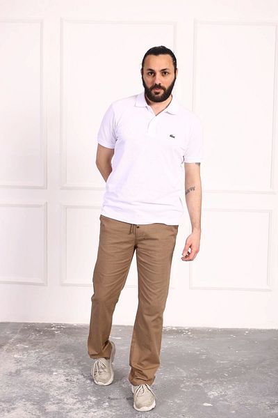 Tam12den Home Men's Cotton Linen Relaxed Cut Anti-Sweat Fabric Lace-Up Trousers Brown