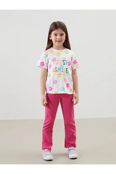 LC Waikiki Lcw Kids Ecru Crew Neck Floral Girl's T-Shirt