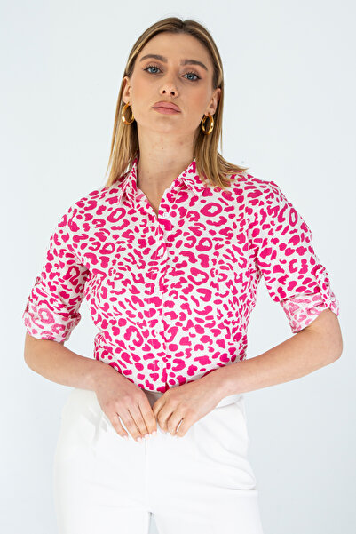 Nuevo Kadın Kol Katlamalı Leopar Desen Pembe Keten Gömlek