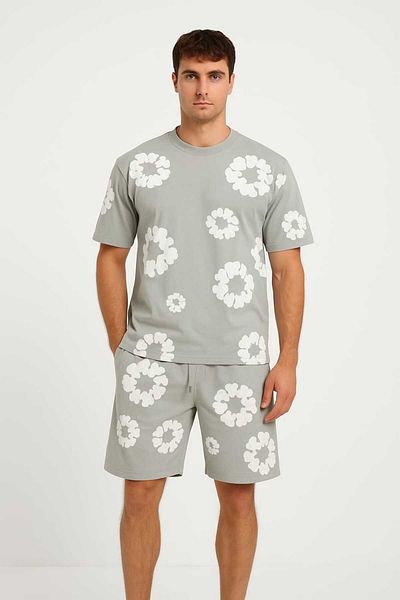 FRANCO RENZO Gray Panel Printed Half Oversize Shorts Set