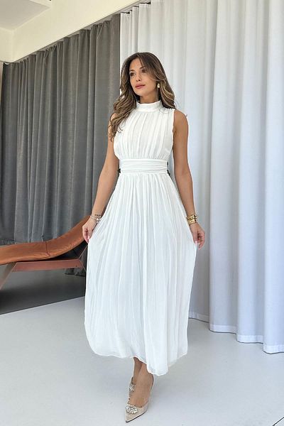 Mine Tan Butik Pleat Detail Sleeveless Chiffon Lined Evening Dress - White
