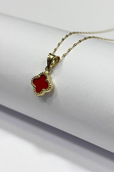 DİAMİNE PIRLANTA 14 Ayar Altın Aynalı Zincir Kırmızı Taşlı Yonca Kolye