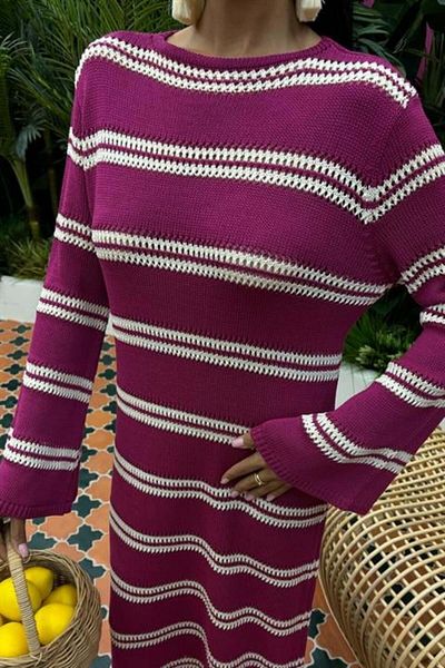 RICHMOST Striped Patterned and Backless Spanish Sleeve Crew Neck Women's Knitwear Long Dress Plum- Ecru