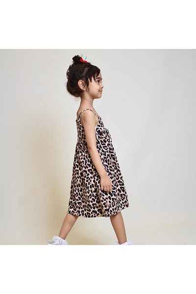 OZZY KİDS Girl's Ribbon Detailed Rope Strap Leopard Patterned Dress