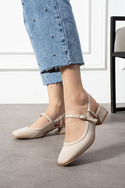ShoeTek Balerini Bej din piele lacuita cu toc gros pentru femei Beatta