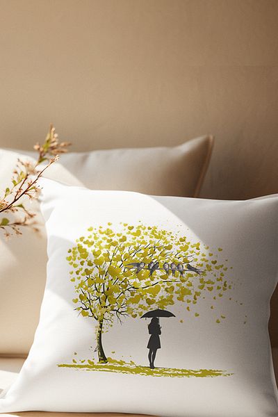 qoeuyl boutique Pernă decorativă din satin umplută cu fibre, cadou romantic, imprimat cu frunze de inimă, copacul vieții și păsări