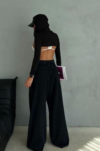 Tam12den Home Women's High Waist Wide Baggy Leg Jean Jeans Pants Black