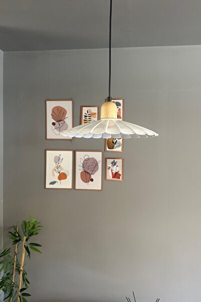 Bamyum Risso Beyaz Metal Büyük Avize Kalın Ahşap Kafa Başlık Tekli Cafe Mutfak Modern Sarkıt Aydınlatma