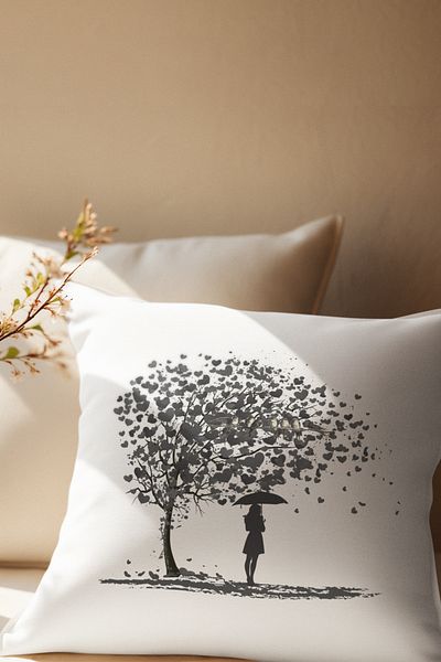 qoeuyl boutique Pernă decorativă din satin umplută cu fibre, cadou romantic, imprimat cu frunze de inimă, copacul vieții și păsări