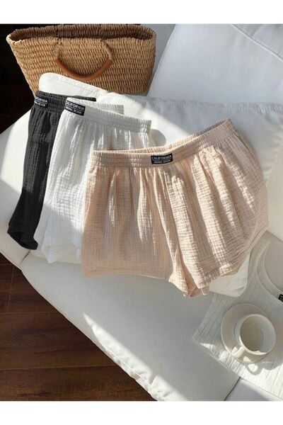 trendgar 3-Piece Women's Woven Muslin Fabric Mini Shorts Black White Beige