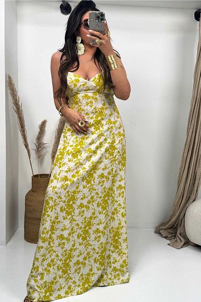 Sohotique By P Patterned Viscose Dress with Rubber Rope Straps Yellow-Stone