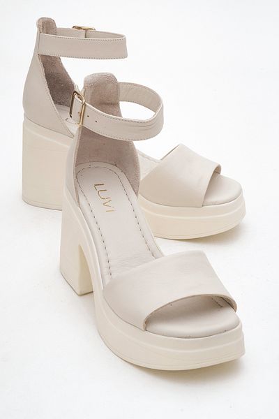 LuviShoes Margot Ecru Skin Genuine Leather Women's Platform Heeled Sandals