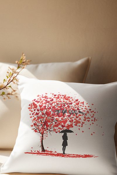 qoeuyl boutique Pernă decorativă din satin umplută cu fibre, cadou romantic, imprimat cu frunze de inimă, copacul vieții și păsări