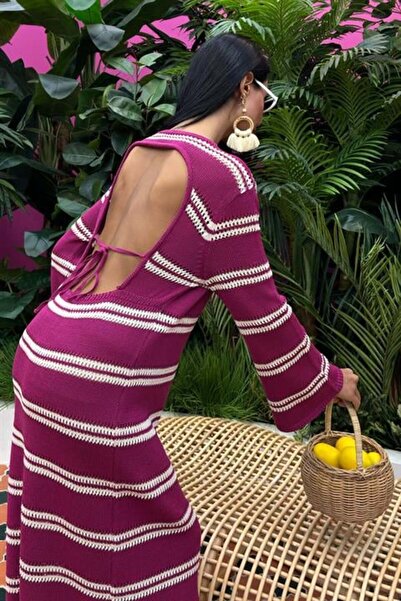 RICHMOST Striped Patterned and Backless Spanish Sleeve Crew Neck Women's Knitwear Long Dress Plum- Ecru
