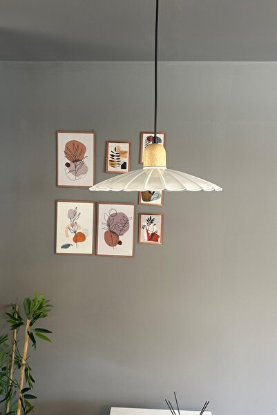 Bamyum Risso Beyaz Metal Büyük Avize Kalın Ahşap Kafa Başlık Tekli Cafe Mutfak Modern Sarkıt Aydınlatma