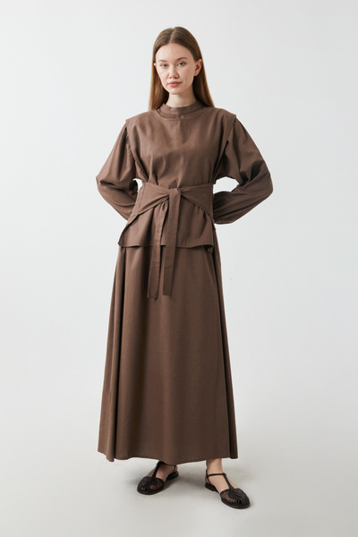 ZÜLAYS Yeleği Bağlamalı Elbise Takım Kahverengi