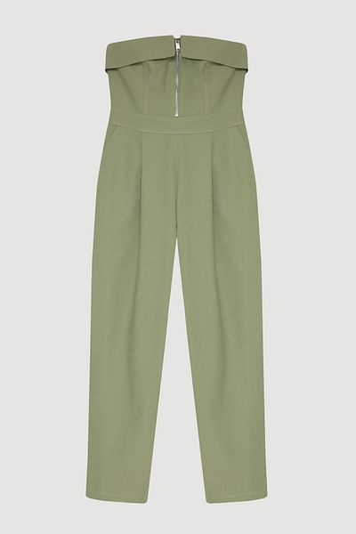 Quzu Zipper Detailed Strapless Long Jumpsuit Khaki