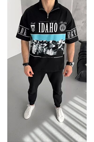 HanZone Unisex Printed Half Zipper T-Shirt - Black